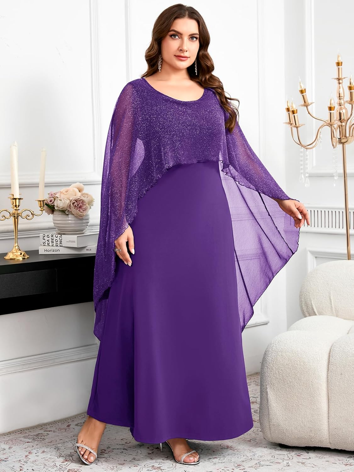 CYCLAMEN Plus Size Evening Gown with Sparkly Cape Overlay Elegant A Line Mother of The Bride Dress for Wedding Guest - Image 6