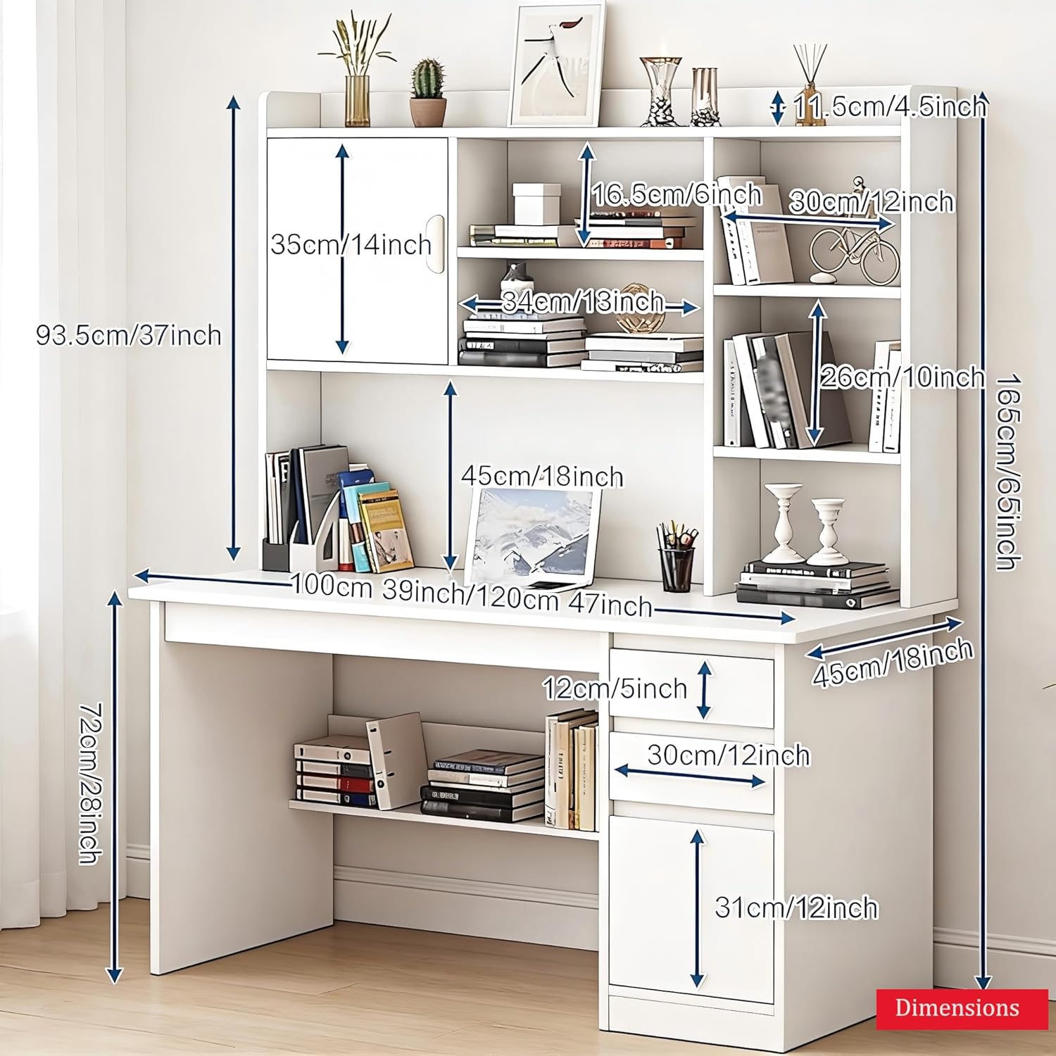 Estación de Trabajo de La Oficina en Casa de Madera, Mesa Compacta para Computadora Blanco, Mesa para Estudio con Estantes y Cajones 120x45x165cm