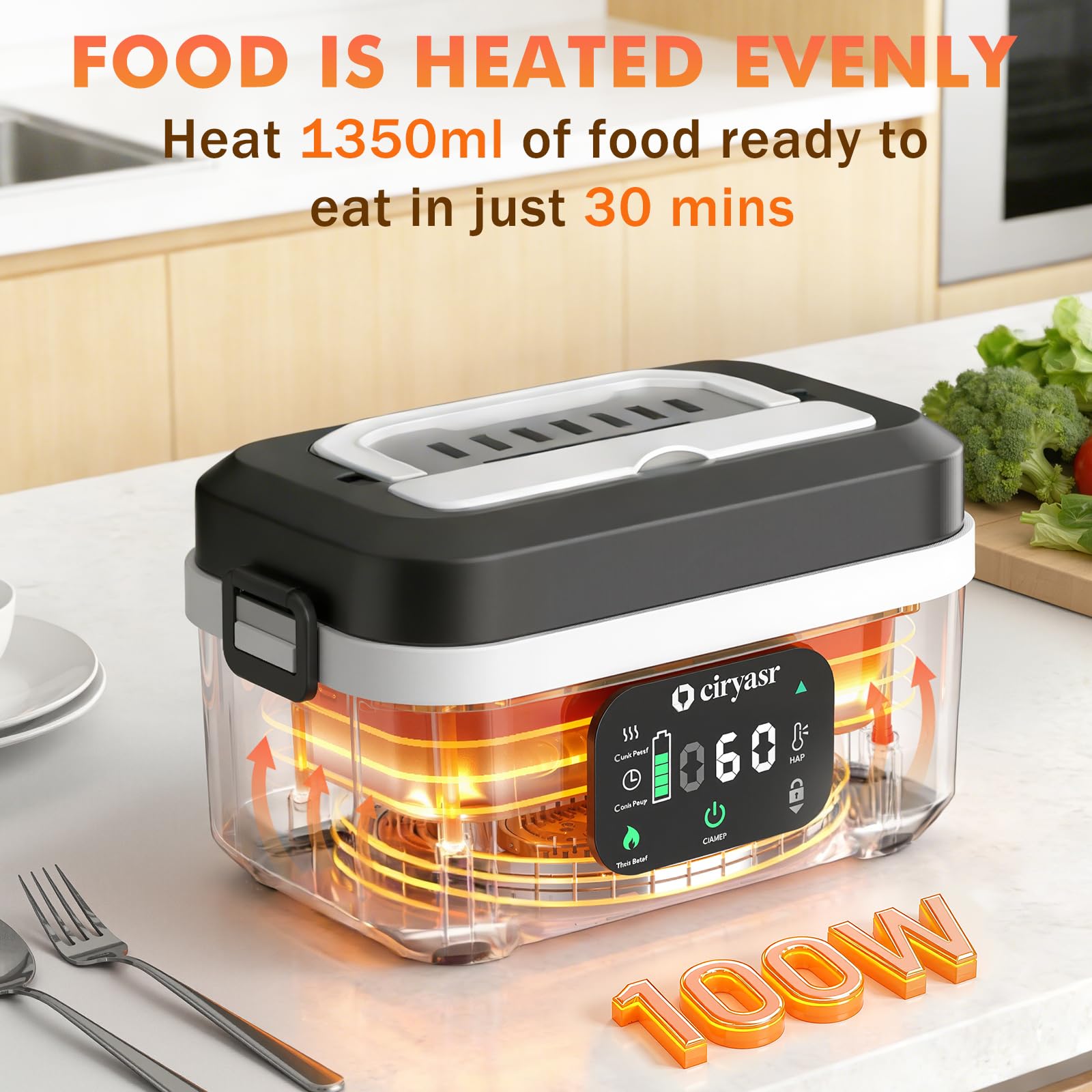 CIRYASR Scaldavivande Elettrico Portatile a Batteria 20000mAh, 100W Ricaricabile Lunch Box con Contenitore Interno da 1,35L in Acciaio Inox e Posate, Scaldavivande Senza Fili per Ufficio Auto Viaggi