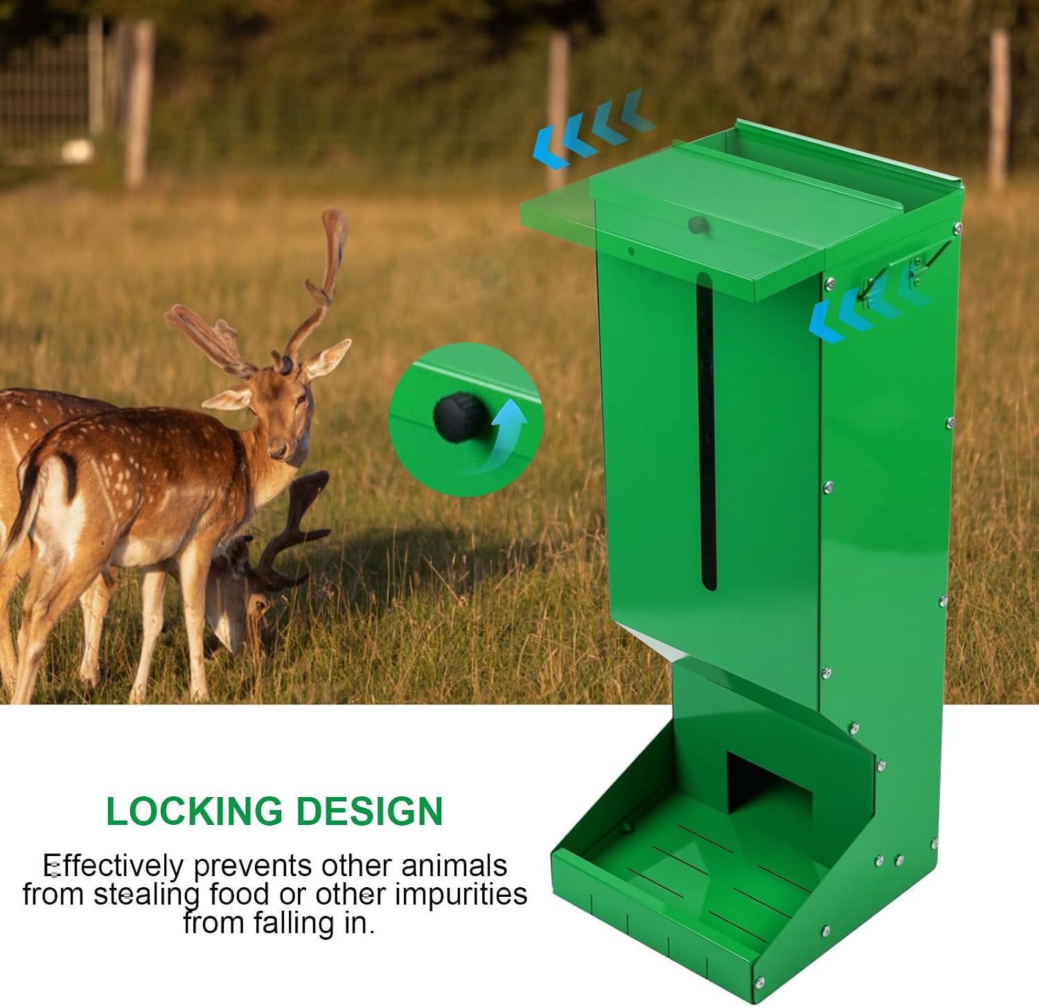 Metal Hanging Deer Gravity Feeders with Latch and Water Filter Holds up to Over 60lb Automatic Feeder Dispensers for Deers