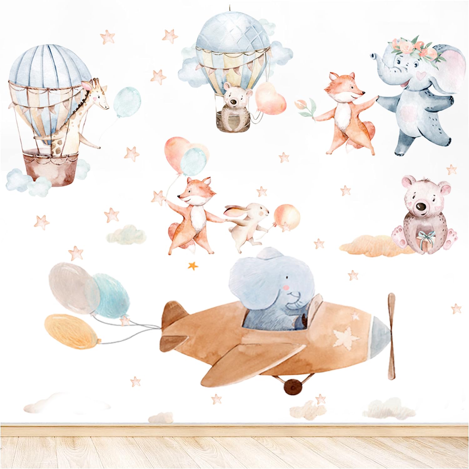 43 Pcs Pegatinas de Pared Globos Aerostáticos de Animales, Pegatinas de Pared Animales del Bosque para Habitación Infantiles Niños Dormitorio Guardería