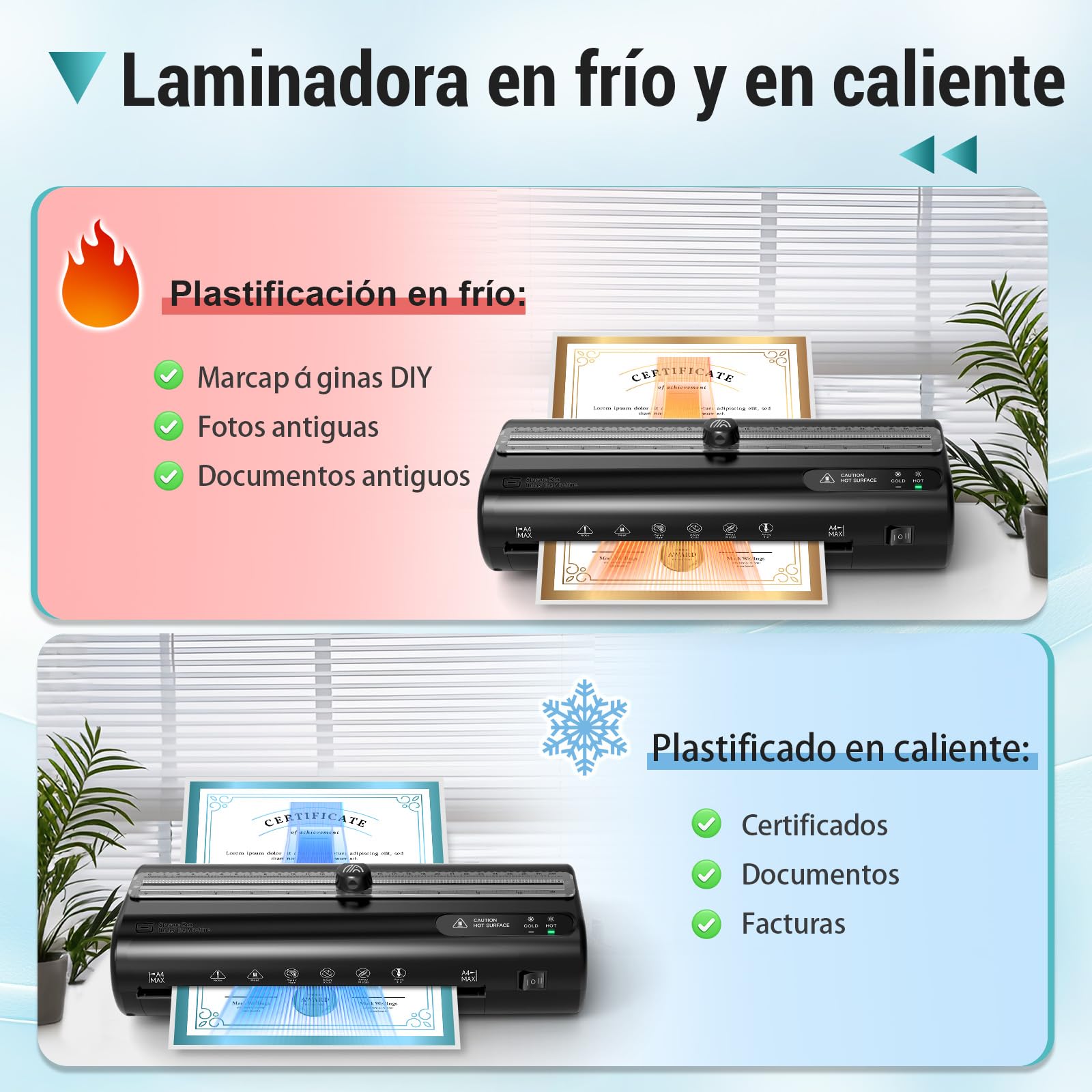 Plastificadora A4 Laminadora con 50 Bolsas Plastificación Frío Caliente Almacenamiento Recortadora Perforadora