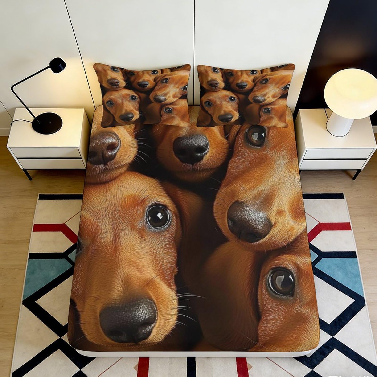3D Printed Dachshund Fitted Sheet Microfiber Deep Pocket Non-Slip Bedding Full Wrap Dachshund Mattress Fitted Cover Washable for Bedroom 180x200x25cm