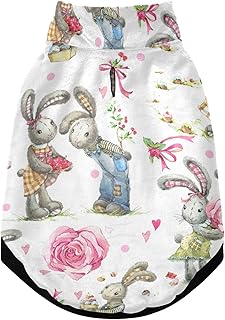 Cute Bunny Rabbit Pink Rose on White for Valentine Day Pet Winter Vest Coat with Hanging Holes, Windproof Fleece Extra Warm Dog Cat Jacket Sweater Clothes Apparel for Cold Weather XS