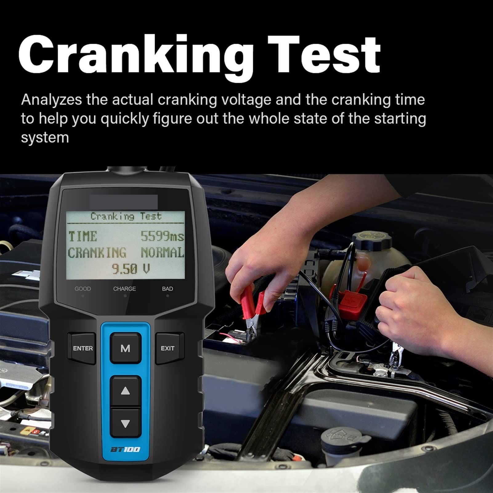 Probador de batería, BT100 Analizador del cargador probador de batería coche 1 2V 2000cca Testamento la prueba voltaje que carga las herramientas