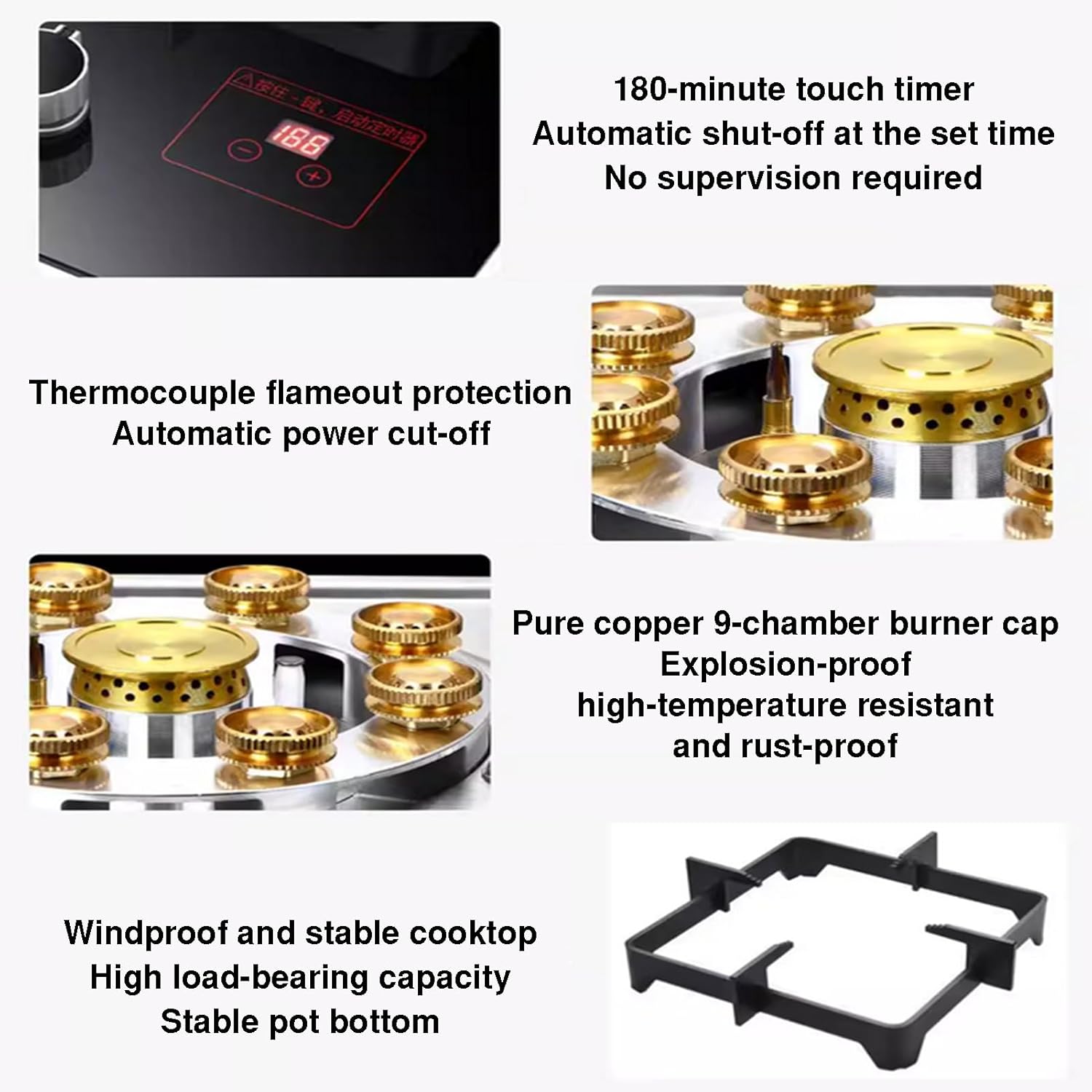 1 Burner Gas Stove,5.2kw 9-cavity Countertop,Stainless Steel LPG/Natural Cooker,with Flame Failure Protection and 180min Timer(NG)