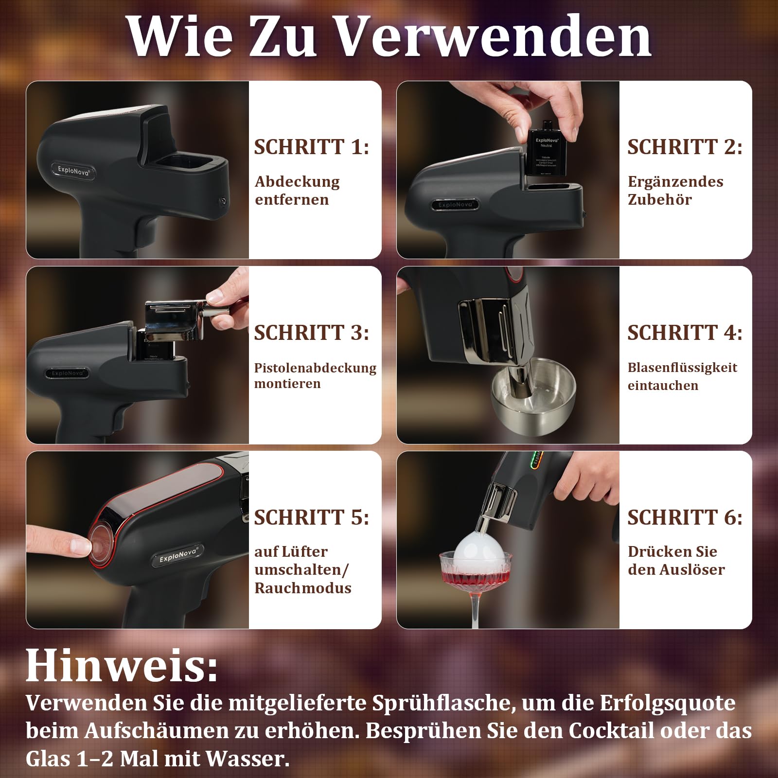 cocktailmaschine mit 5 Aroma Pods, essbarer Blase, Cocktail Bubble Smoke Gun, Whiskey Smoker Kit, perfekt für Bar, Party und Zuhause, ausgezeichnetes Geschenk für Vater und Ehemann – Schwarz