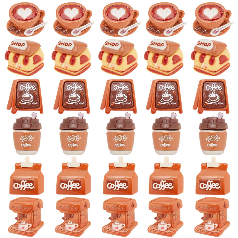 Cabujones planos de resina de café de 6 estilos coloridos para adornos, 36 piezas