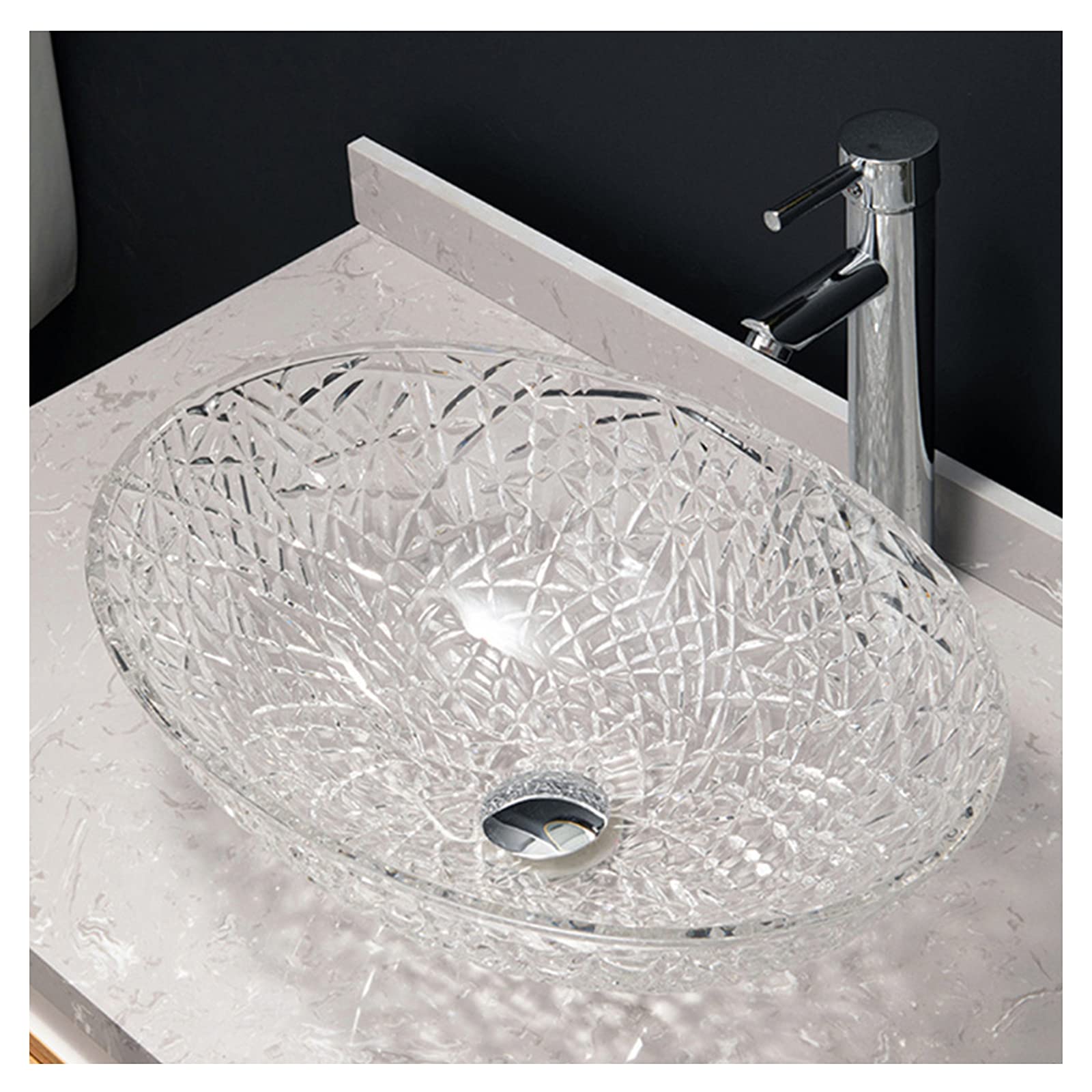 WOTZOV Modern Countertop Basin, Washbasin Translucent Tempered Glass With Pop Up Sink Waste Bathroom Sink Bowl, For Bath Remodel