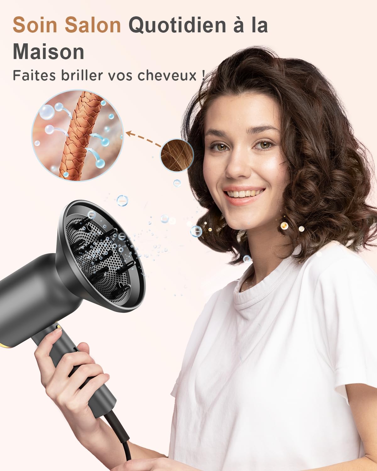 Asciugacapelli ionico con diffusore –1800W per un’asciugatura rapida con tasto caldo/freddo, asciugacapelli con diffusore termoregolato, 3 livelli di calore, 2 velocità,Oro e Nero