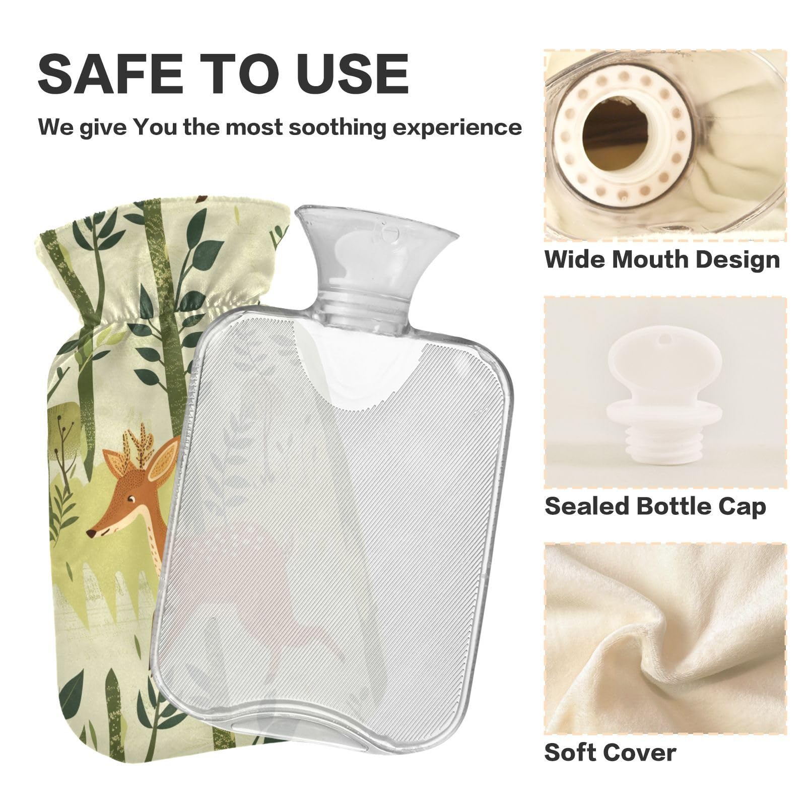 YNNALE Retro Forest Deer Green Tree Deers Hot Water Bottle with Cover, 2Liter Soft Velvet Winter Warm Water Bag for Neck and Shoulder Pain Relief Period Cramps Bed Hand Feet Warmer