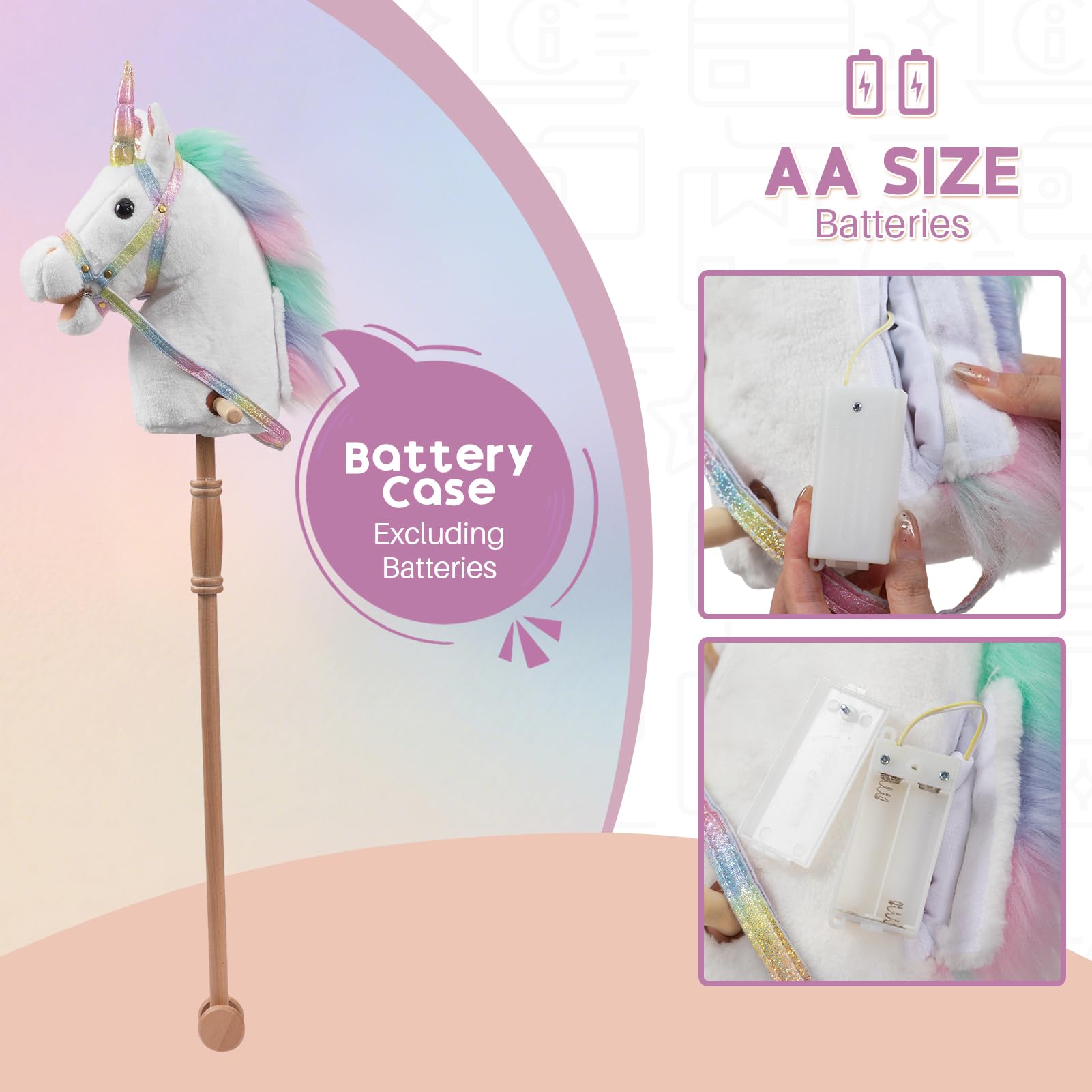 HollyHOME Cavallo a bastone con ruote in legno, vero pony che si avvicina e galoppa, unicorno hobby cavallo con briglia arcobaleno glitterato, bianco 91,2 cm (batterie AA richieste)