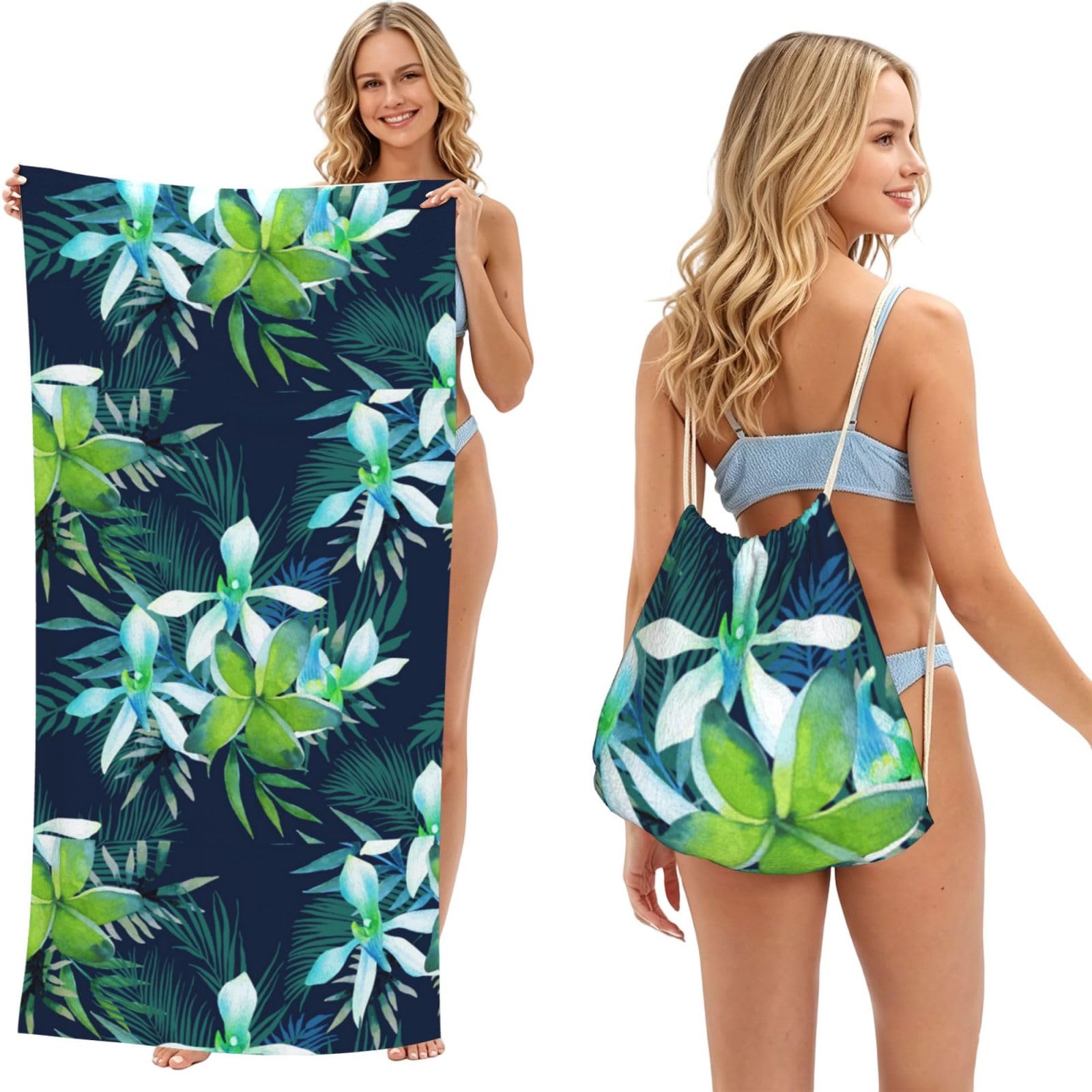 Poadnly As Picture Tropical Flower Printed, 2 In 1 Packable Towel Bag, Beach Towels With Drawstring Backpack For Travel Holiday Camping