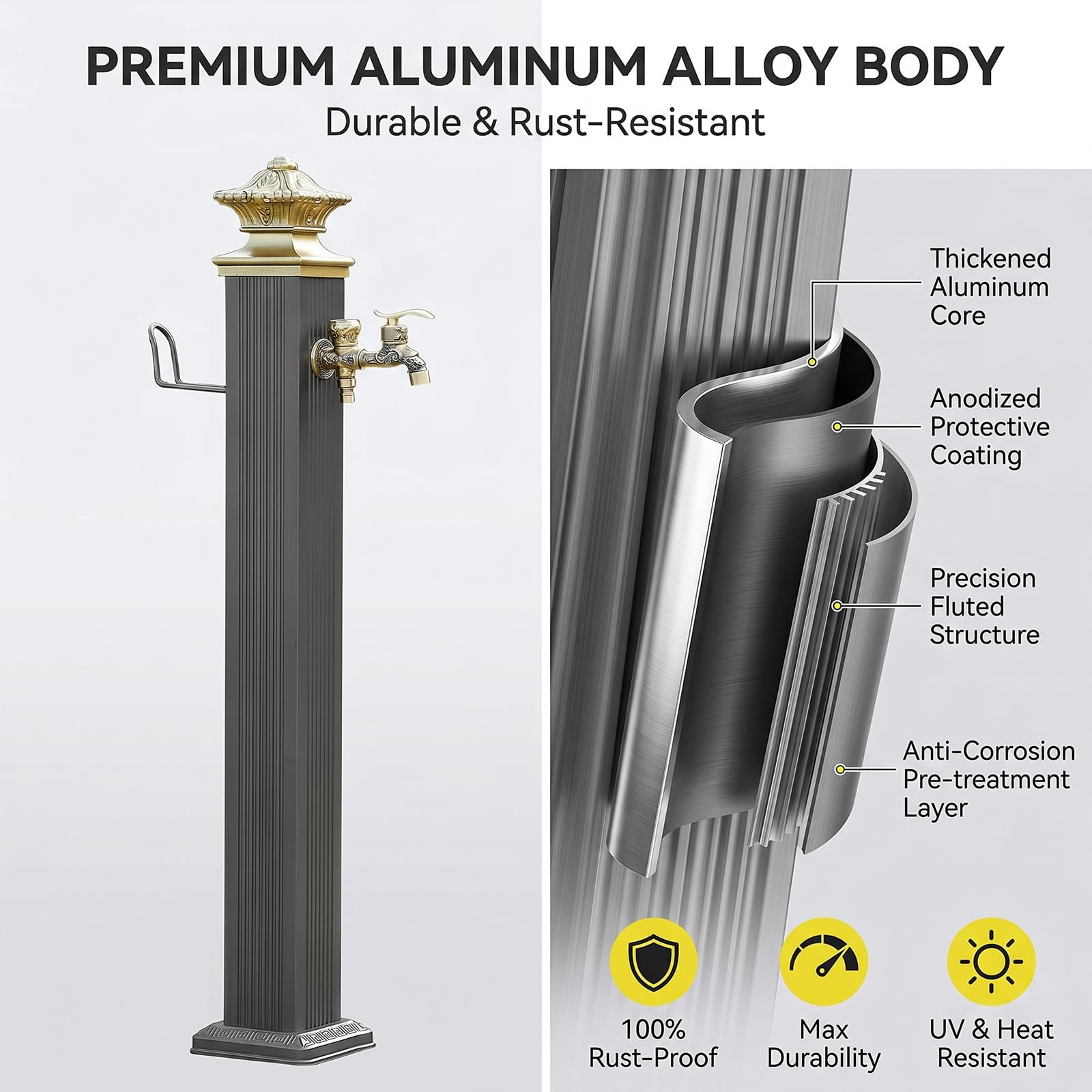 Colonne D'eau de Jardin Autoportante avec Robinet, Alliage D'aluminium, Colonne D'eau de Jardin Extérieure, Robinet D'eau à Fixation au Sol, Borne-fontaine de Cour Antigel(72 cm/28 in)