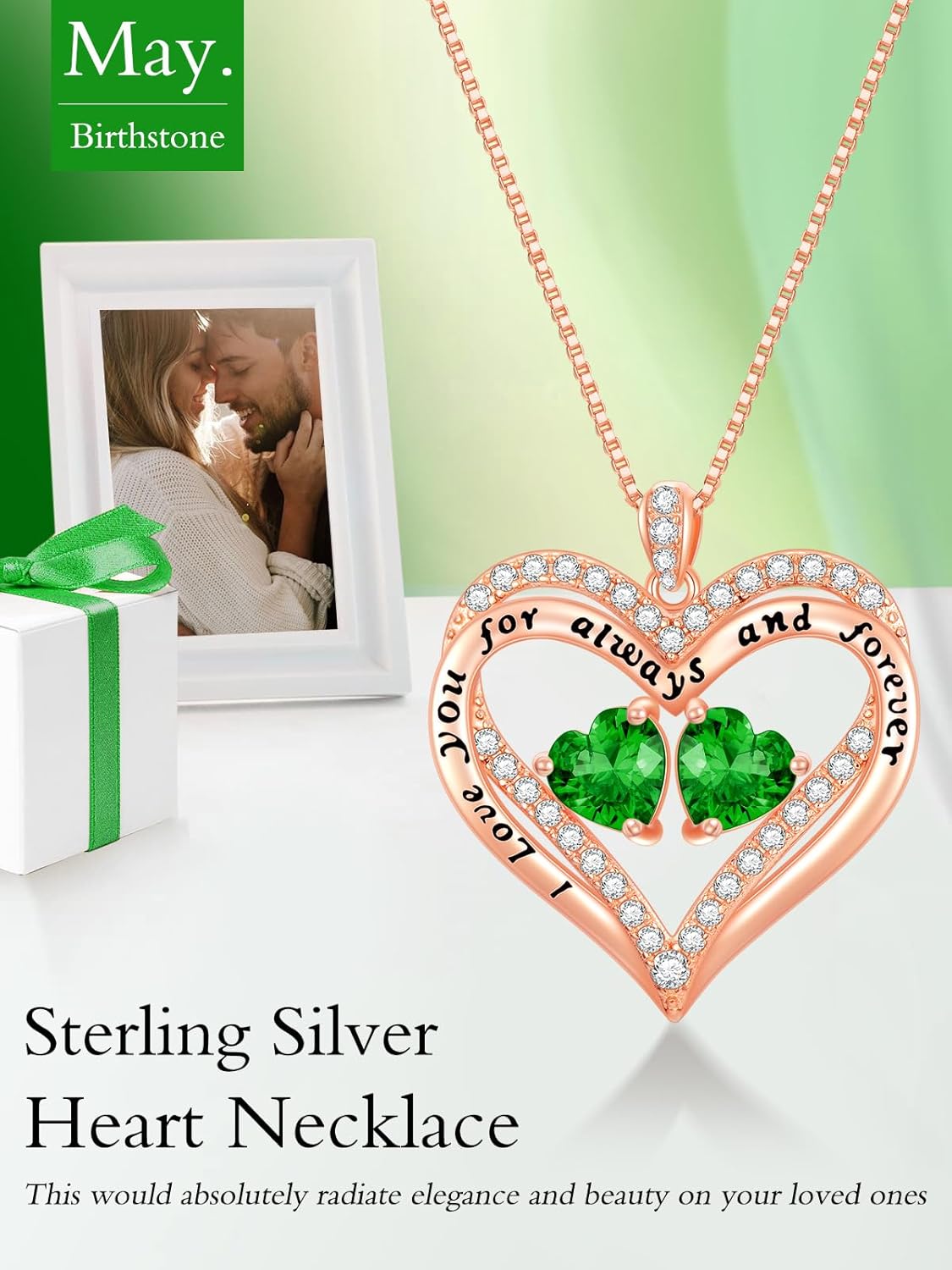 Heart Pendant Necklace I Love You for Always and Forever 12 Months Birthstone Necklace 18k Rose Gold Plated Double Heart Necklace Christams Valentine's Day, Mother's Day, Birthday