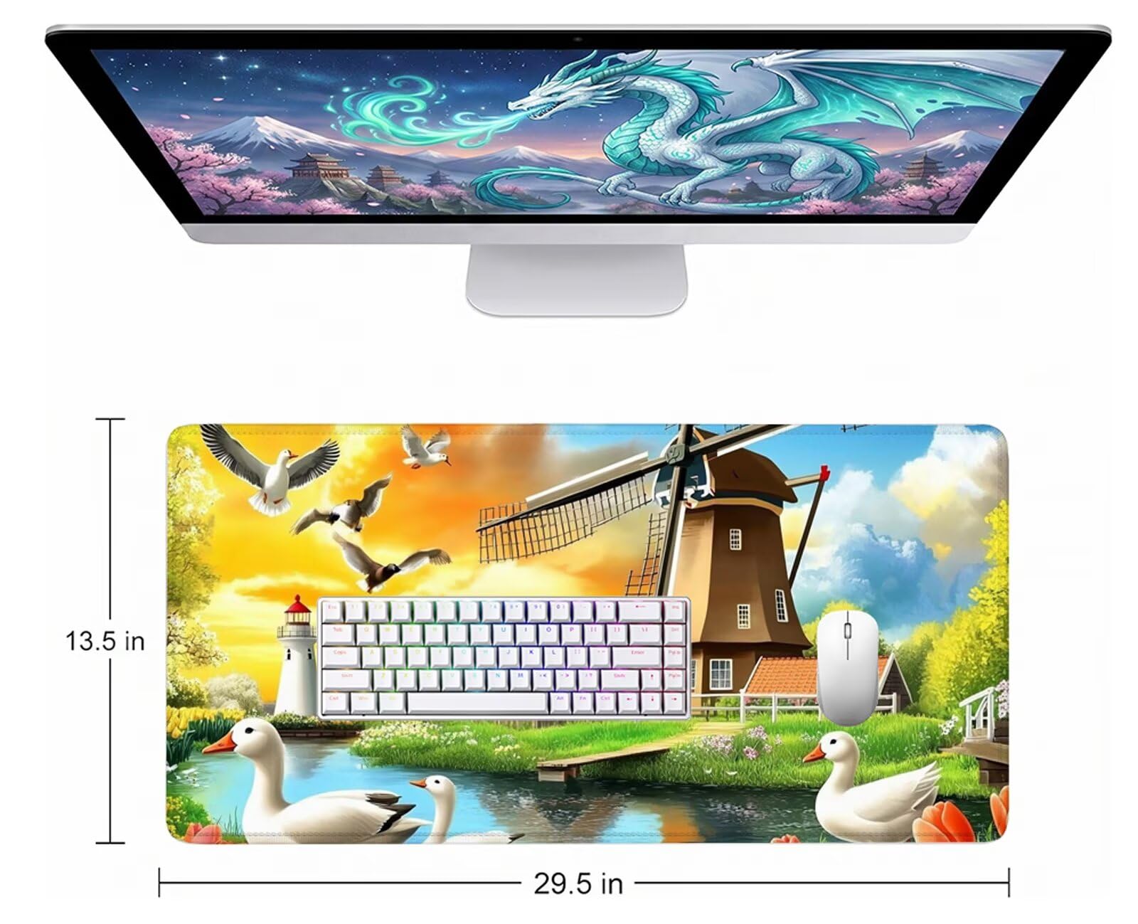Blanca Alfombrilla Ratón XXL 150x80 cm Mouse Pad Grande Gaming Pato Alfombrilla Escritorio Antideslizante, Protector de Mesa para Ordenador y Teclado, Bordes Cosidos, Accesorios Oficina, Regalo W6-477