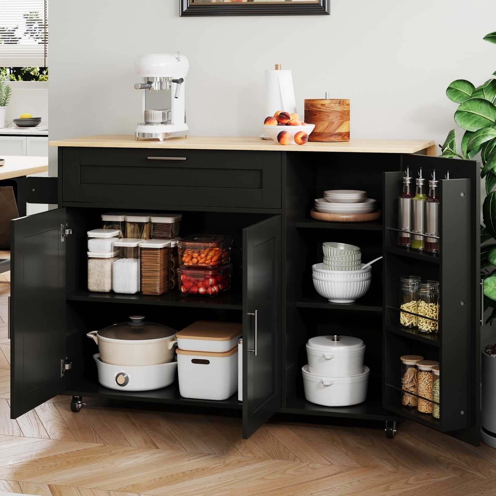 KOMHTOM Desserte Cuisine Meuble de Rangement Cuisine avec 1 tiroir et 3 Portes Placard Cuisine, Meubles de Cuisine avec Plans de Travail Buffet Salle a Manger (Noir)