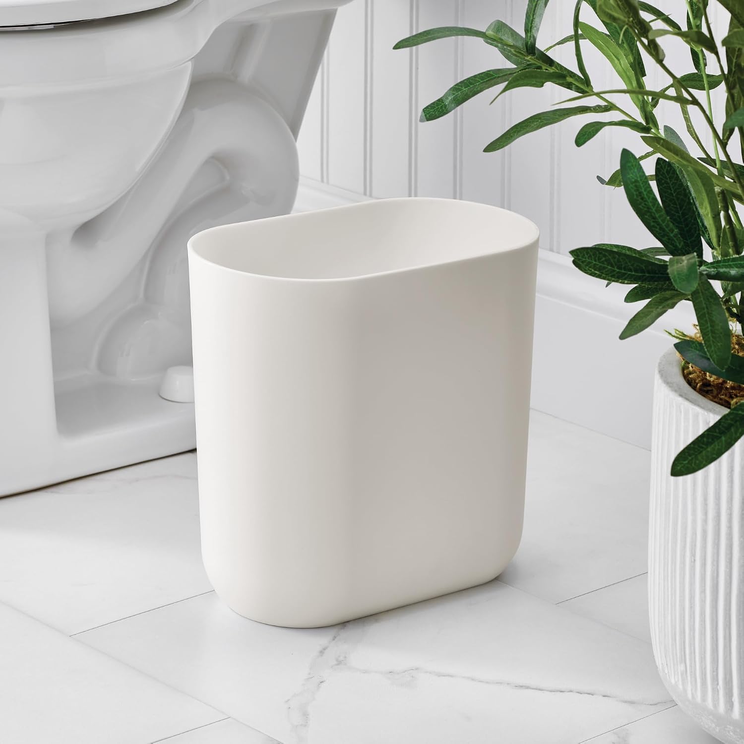 iDesign Small Slim Plastic Bathroom Trash Can, Coconut White image 3
