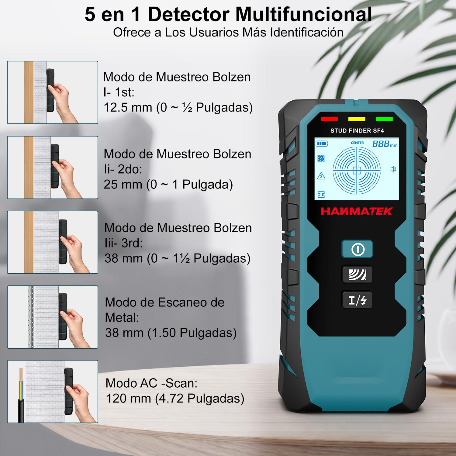 HANMATEK Detector de Vigas y Metales 5 en 1 con Sensor Inteligente, Escáner de Pantalla LCD HD y Alarma Sonora - Escáner de Pared para Metales, Cables CA, Madera y Tuberías - SF4