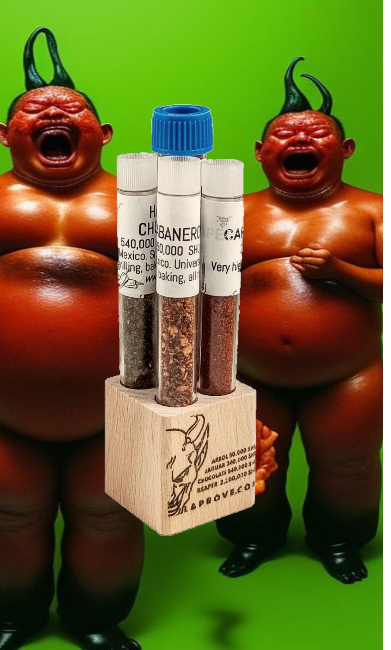 Jaguar, Cioccolato, Carolina Reaper e peperoncino Arbol in un cubo di legno con 4 lampadine 6gx2g+2g+2g.