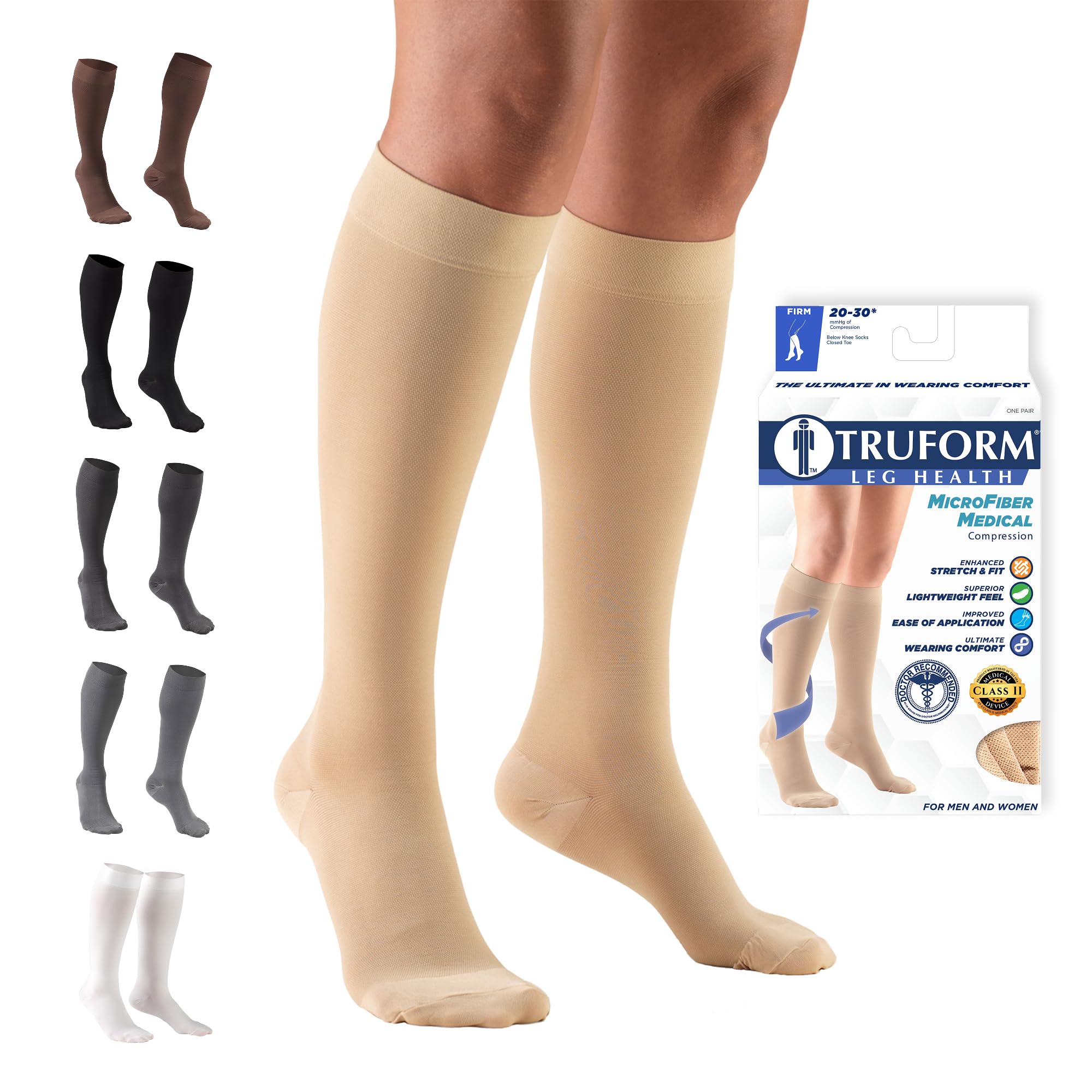 20-30 mmHg Compression Stockings for Men and Women, Knee High Length, Closed Toe, Beige, Medium