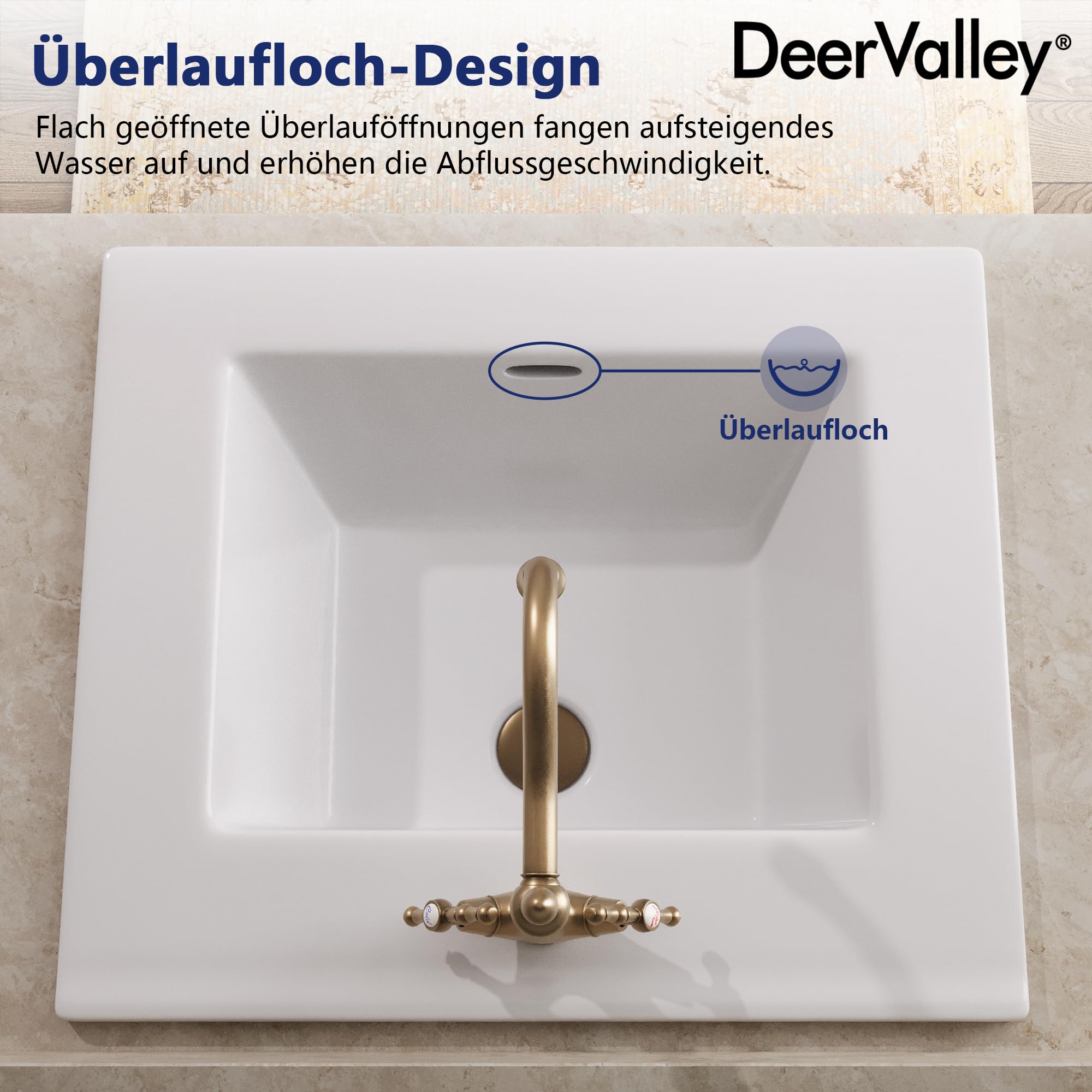 DeerValley Lavabo empotrable rectangular de cerámica con rebosadero de 53 x 46 cm