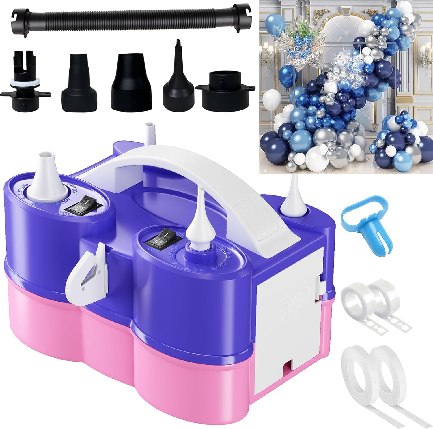 Blue White Silver Balloons Garland Electric Balloon Pump Electric Air Pump Inflatables Machine Dual Nozzle Balloon Pump Latex 260q Foil Balloons 110V Inflator Deflator Pool Inflatable Bed Vacuum Bag