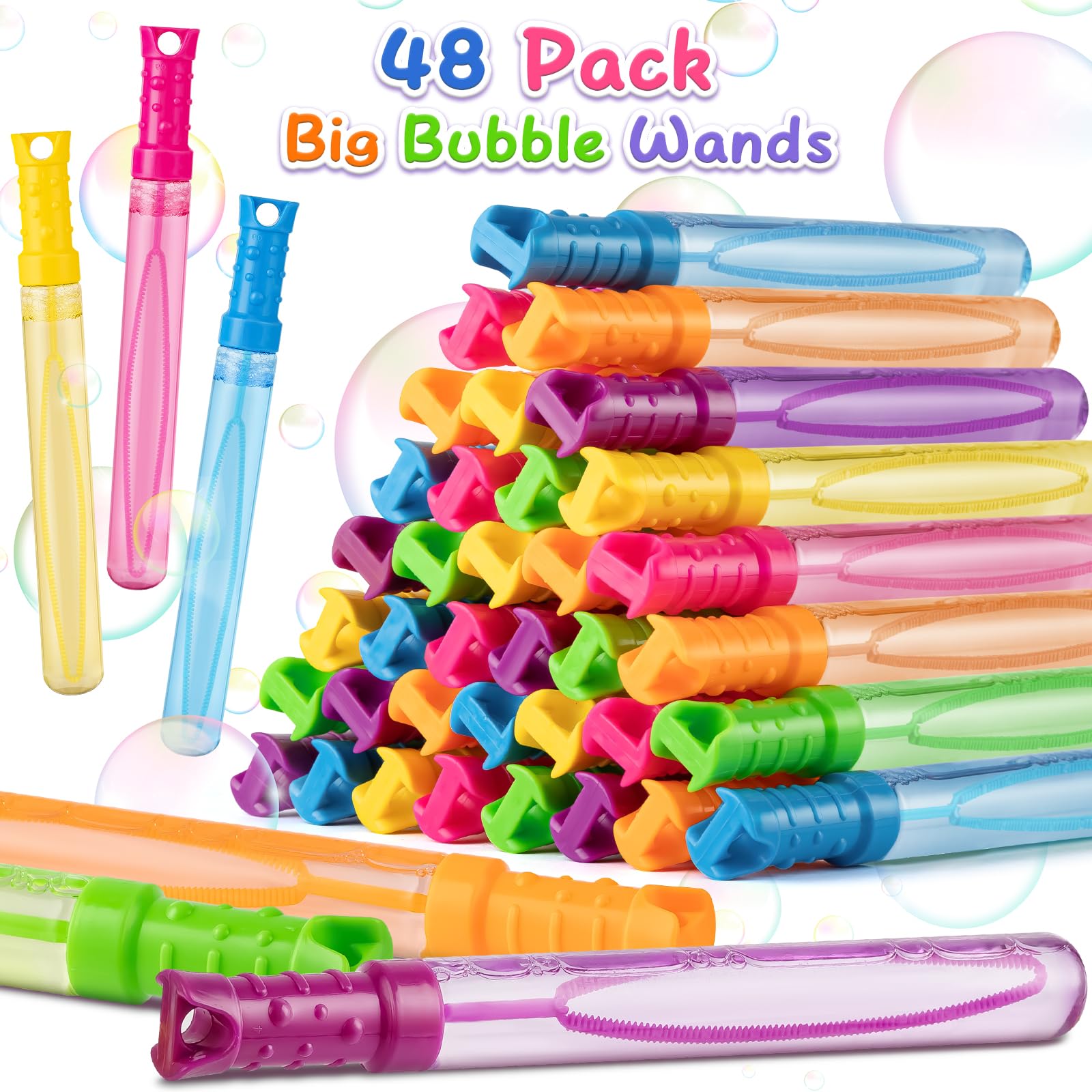 48 Pack Big Bubble Wands Bulk in 6 Colors,Ideal for Easter, Summer, Halloween, Valentine, Classroom Prizes