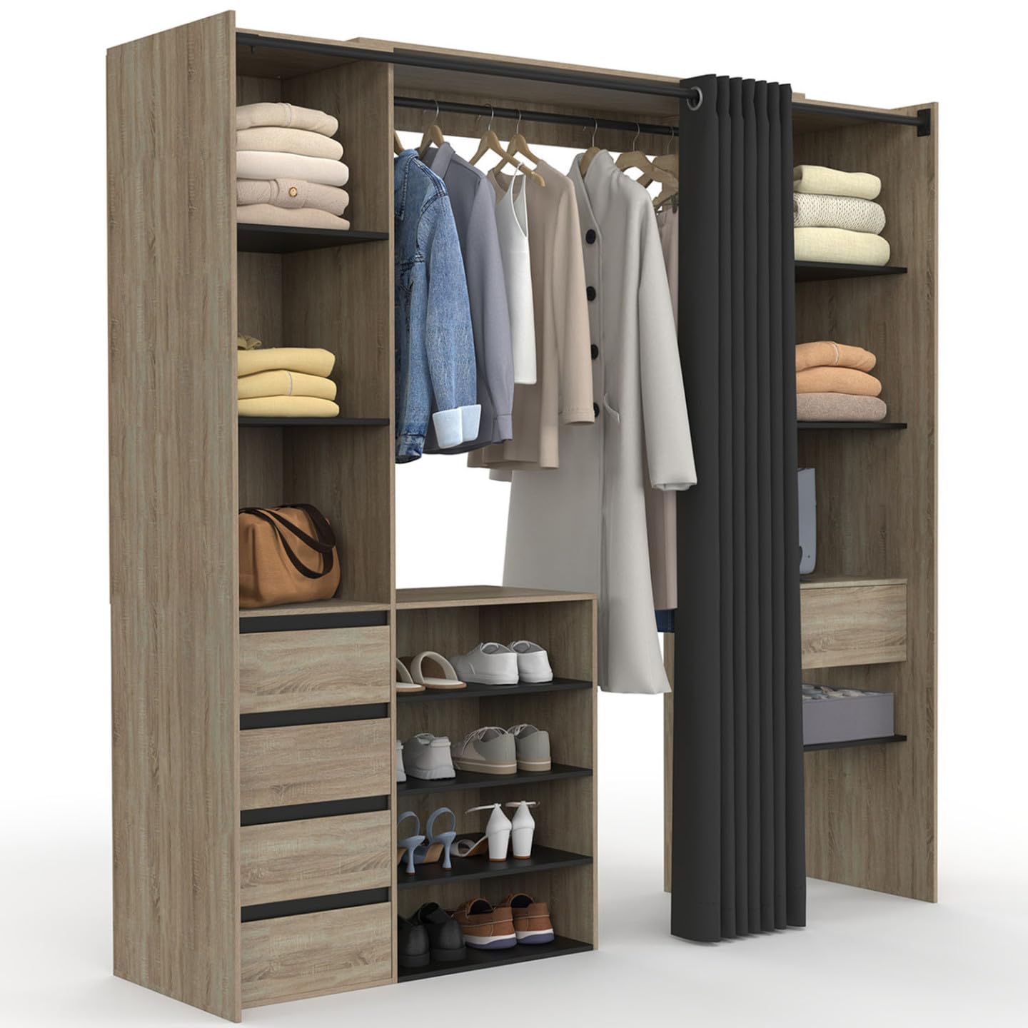 IDMarket - Dressing extensible double XXL MERYL 120/​180 cm hêtre avec tiroirs + étagères + penderie + rideau noir