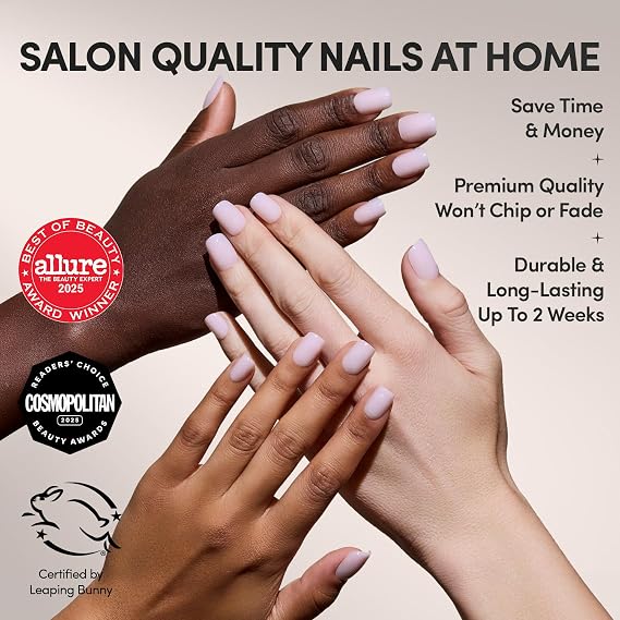 Glamnetic Short Squoval Press-On Nails Bundle - Soft Girl, Clean Cut, Squid Ink, Sugar Veil & Goal Setter | Milky Pink Fake Nails | Milky White False Nails | Glazed Black French Tips | Glazed Nude Nai