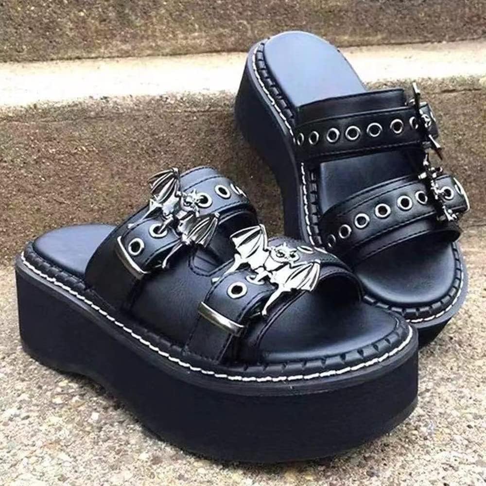 Gothniero women black platform sandals goth chunky wedge heel summer sandals girls gothic punk platform sandals for women metallic spider buckles slides size 5.5-11 - Image 7