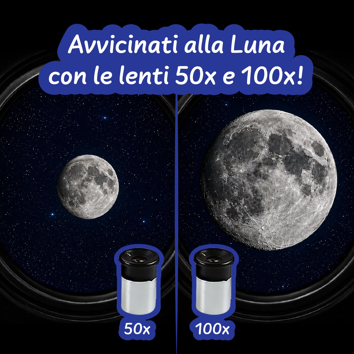 Telescopio Lunare con Treppiede, Lunghezza Focale 600 mm, Ingrandimento 50x e 100x, Telescopio per Principianti, Gioco Educativo STEM, Regalo per Bambini