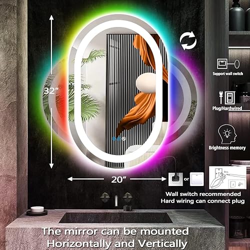 Miniatura 6 de THEKLA Espejo de tocador LED ovalado de 20 x 32 pulgadas con luces, regulable, 3 color+arco iris RGB que cambia de color, retroiluminado de 32