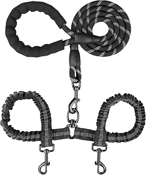 MingXpets Double Dog Leash, Dual Dog Leash, 360 Swivel Tangle Free Bungee Walking Training for Large Medium Dogs, Shock Absorbing Bungee Reflective for Two Dogs, 18120 lbs, Dark