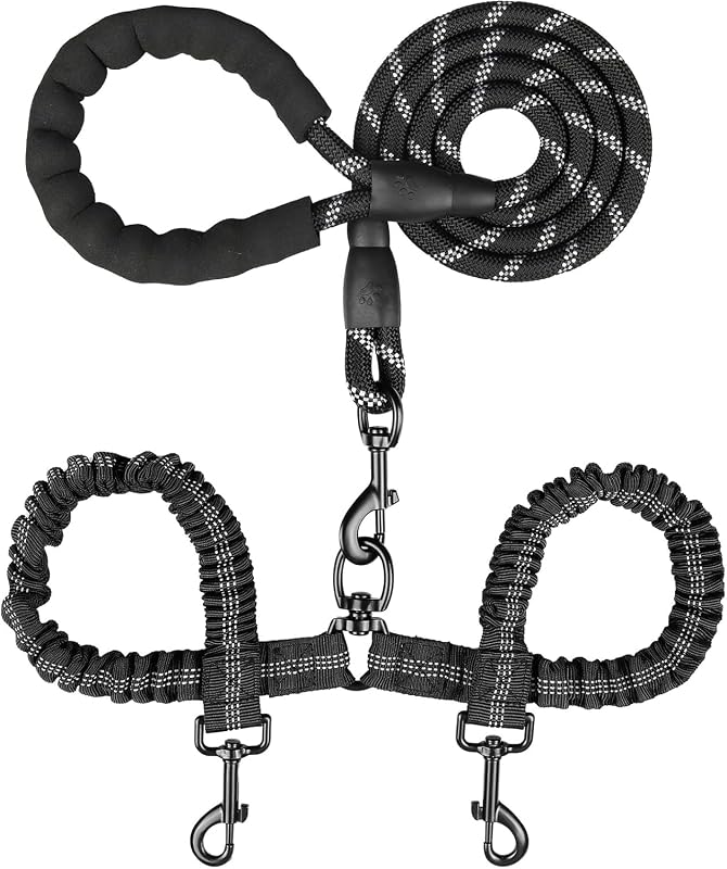 Guia dupla para cães MingXpets com giro 360°, corda elástica e detalhes refletivos, Drak Black, tamanho Grande