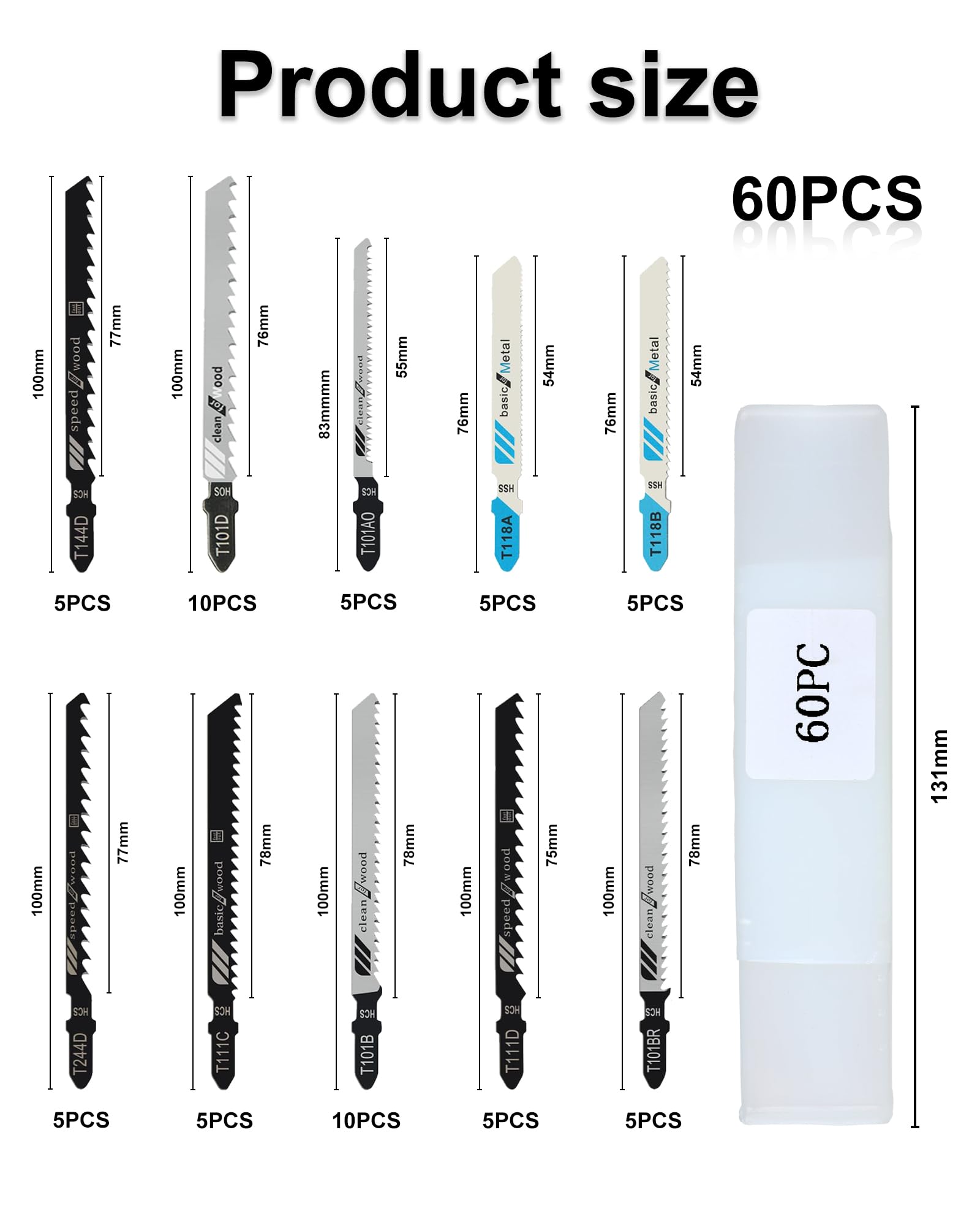 Set de 60 Hojas Sierra de Calar – Hojas T-Shank para Madera, Plástico y Metal, Hojas Sierra de Calar para Madera, Hojas Largas con Práctico Estuche de Almacenamiento