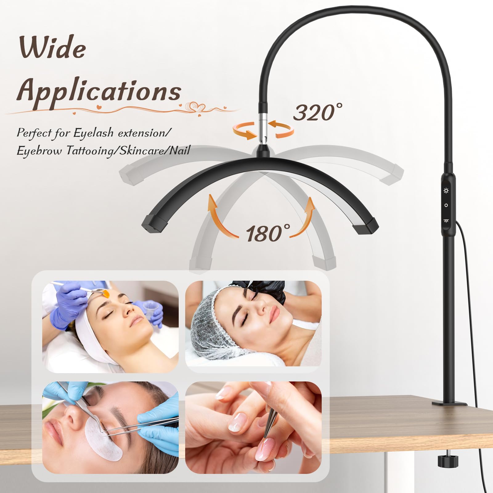 Mznoo Luce a mezza luna con morsetto, lampada da tavolo a LED per manicure, lampada da scrivania per unghie, extension per ciglia, cura della pelle e tatuaggi, 5 livelli di luminosità e 5 modalità di