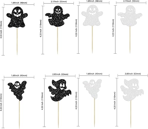 Miniatura 2 de Gyufise 24 piezas de decoración de magdalenas de fantasmas de Halloween con purpurina negra y blanca espeluznante para Halloween, temática de