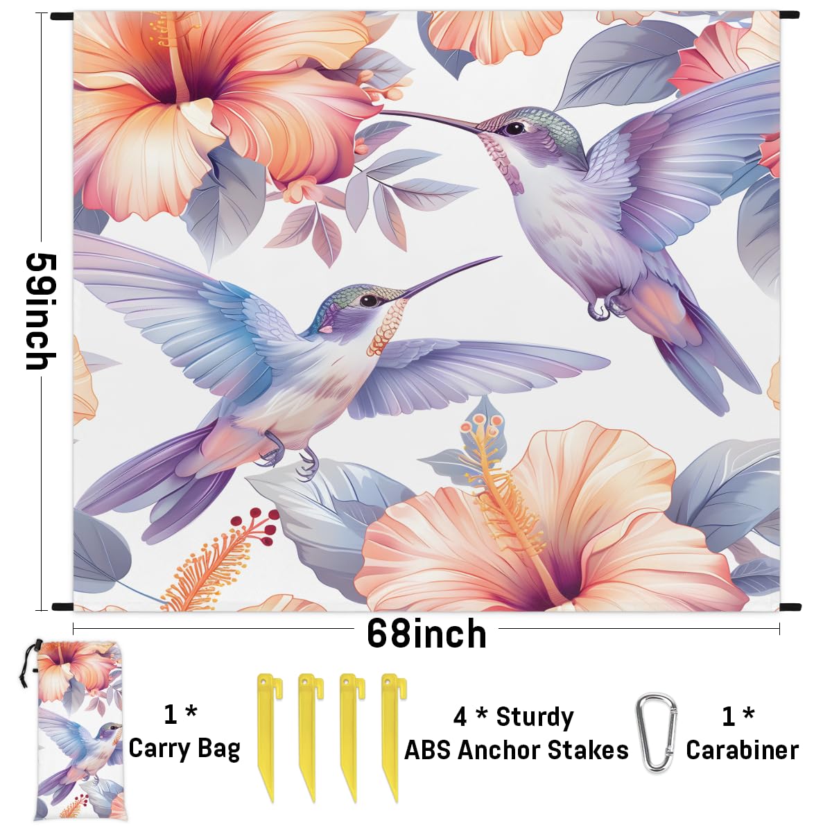 Eabrults Waterproof Sandproof Beach Blanket, 59''×68'' Bird-Hummingbird Polyester Outdoor Picnic Blanket with 4 Stakes & Storage Bag for Beach,Camping,Vacation Purple