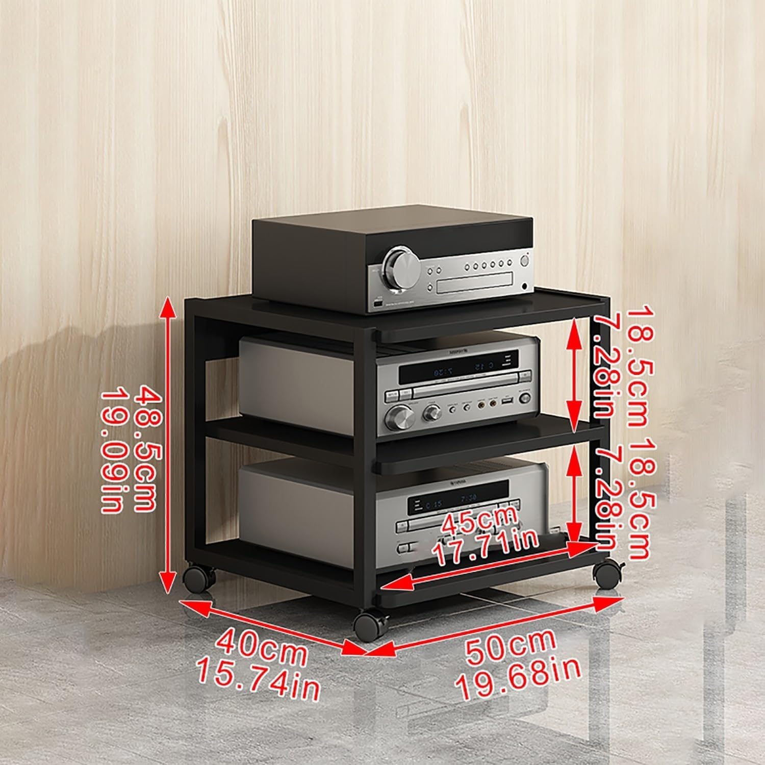 Stojak na sprzęt audio HiFi, 3/4-poziomowy stojak na sprzęt audio-video z kółkami, wielofunkcyjne, drewniane półki z regulacją wysokości, do przechowywania wzmacniacza/dekodera TV/drukarki (styl