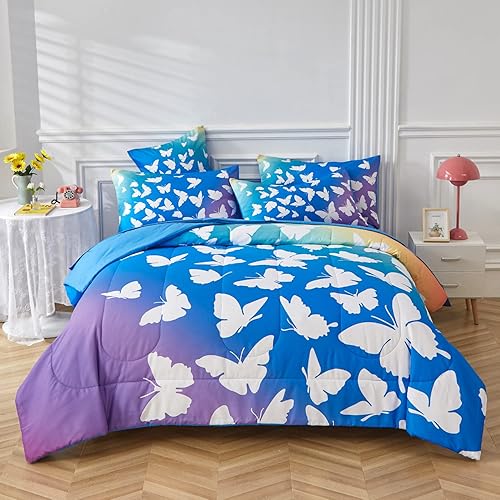 ALAOOKKA Juego de edredón de mariposa arcoíris tamaño matrimonialQueen para niñas, cama de 5 piezas en una bolsa, edredón degradado morado, azul y