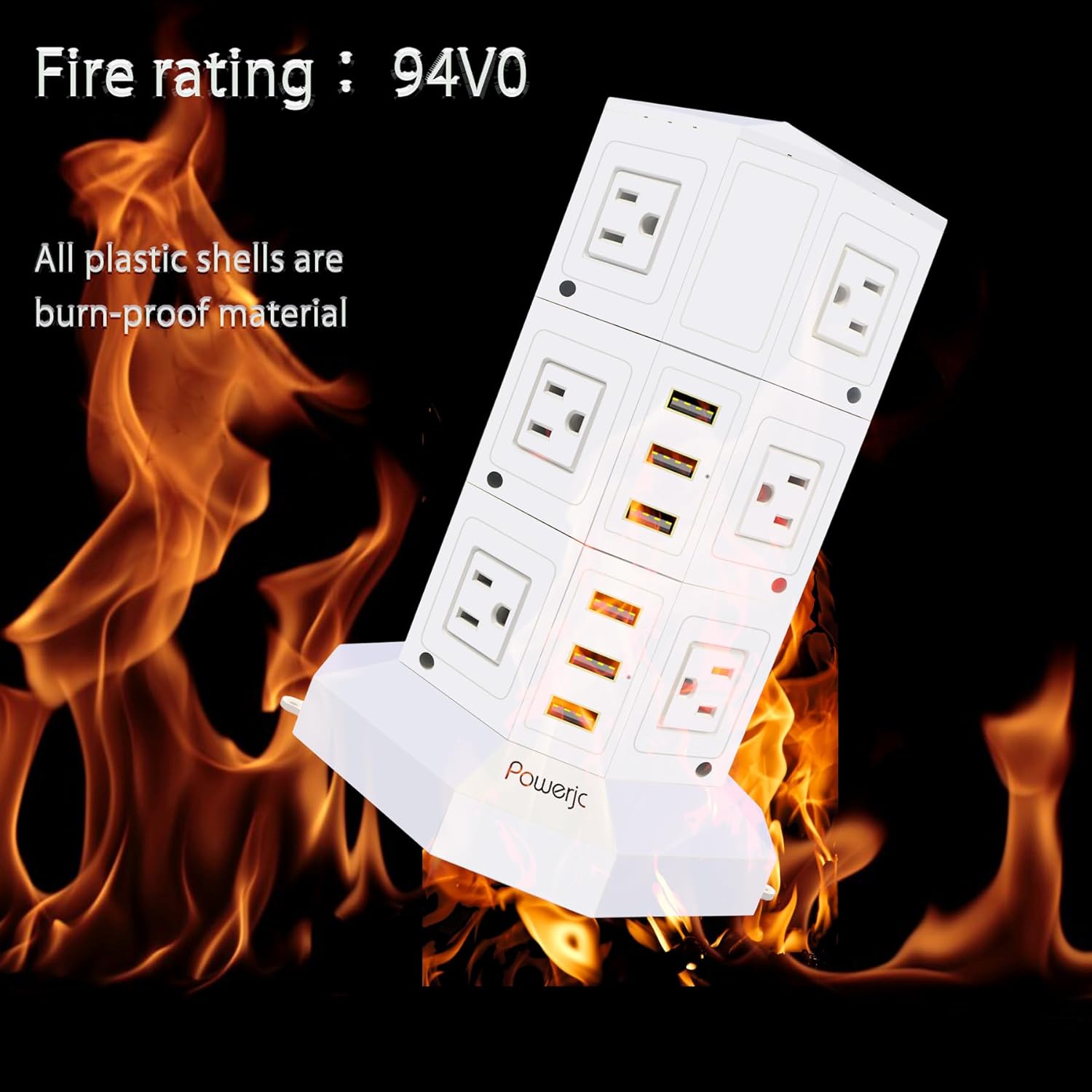 Power Strip USB Surge Protector Tower 12 AC Outlets with 6 USB Ports Chargers 10 Feet Long Extension Cord Indoor White-Powerjc