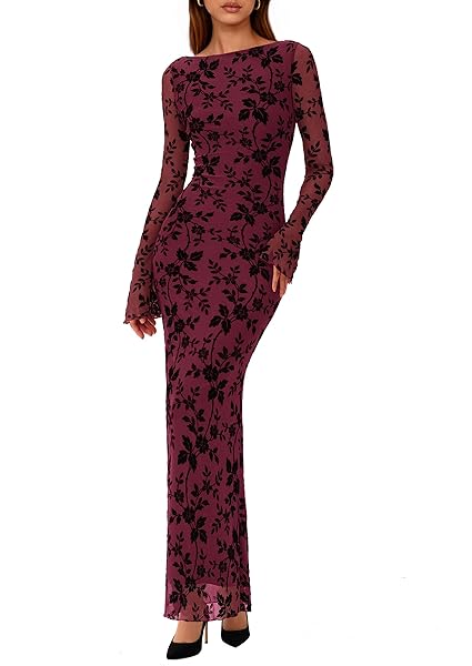 PRETTYGARDEN Women's Floral Bodycon Maxi Dress 2025 Fall Elegant Mesh Long Sleeve Formal Wedding Guest Cocktail Dresses