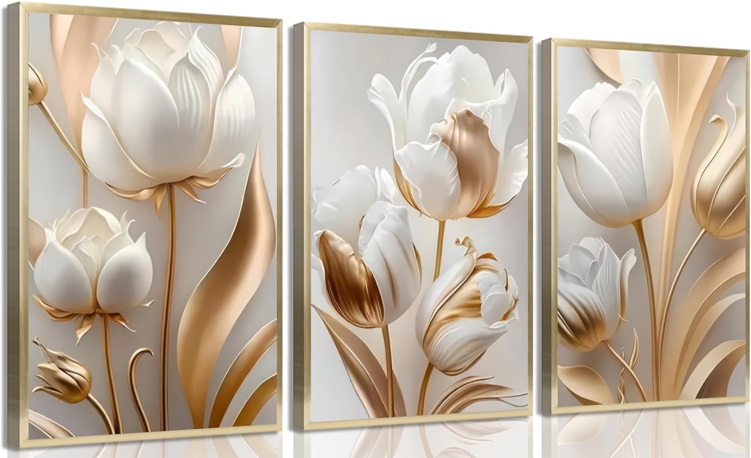 3Pcs Vintage Minimalist Floral Wall Art White Gold Abstract flowers Wall Decor P…