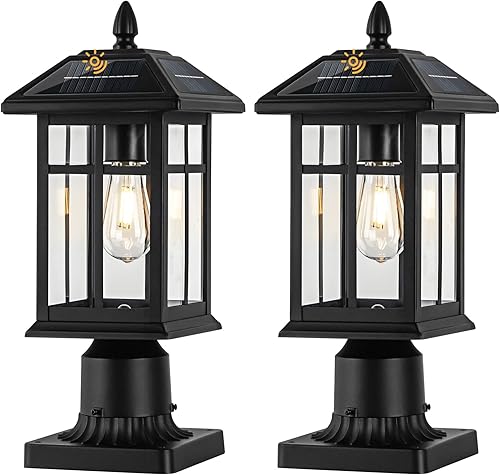 Miniatura 10 de Brilvibera Paquete de 2 luces de poste para exteriores, lámpara de poste negro con base de montaje en muelle, luces de columna para exteriores,