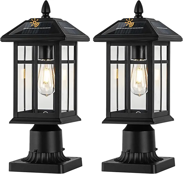Brilvibera Solar Post Lights 2 Packs, Waterproof Post Lantern with Pier Mount Base, Aluminum Post Lamp Warm White Bulb Included for Yard Garden Pillar Pole Pathway