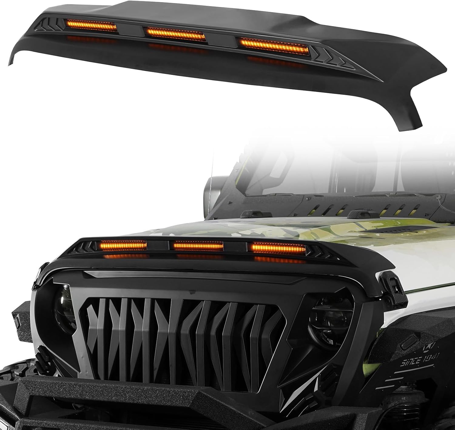 Hooke Road Hood Protector Bug Deflector Shield Stone Guard with Amber Lights for 2018-2024 Jeep Wrangler JL & 2020-2024 Gladiator JT (Base Hood Only)