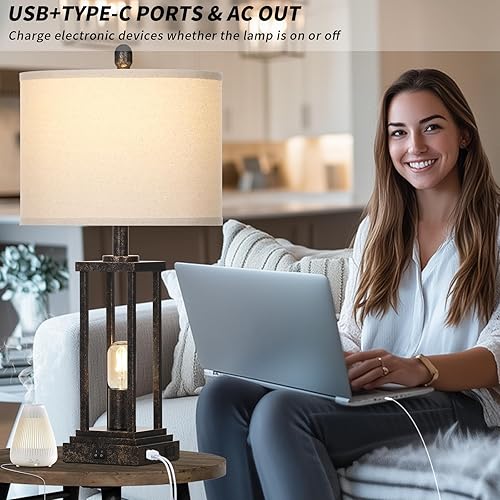 Miniatura 4 de Lámparas de mesa de granja de 27 pulgadas de alto con luz nocturna, lámpara de mesa auxiliar industrial de bronce para sala de estar, lámparas de