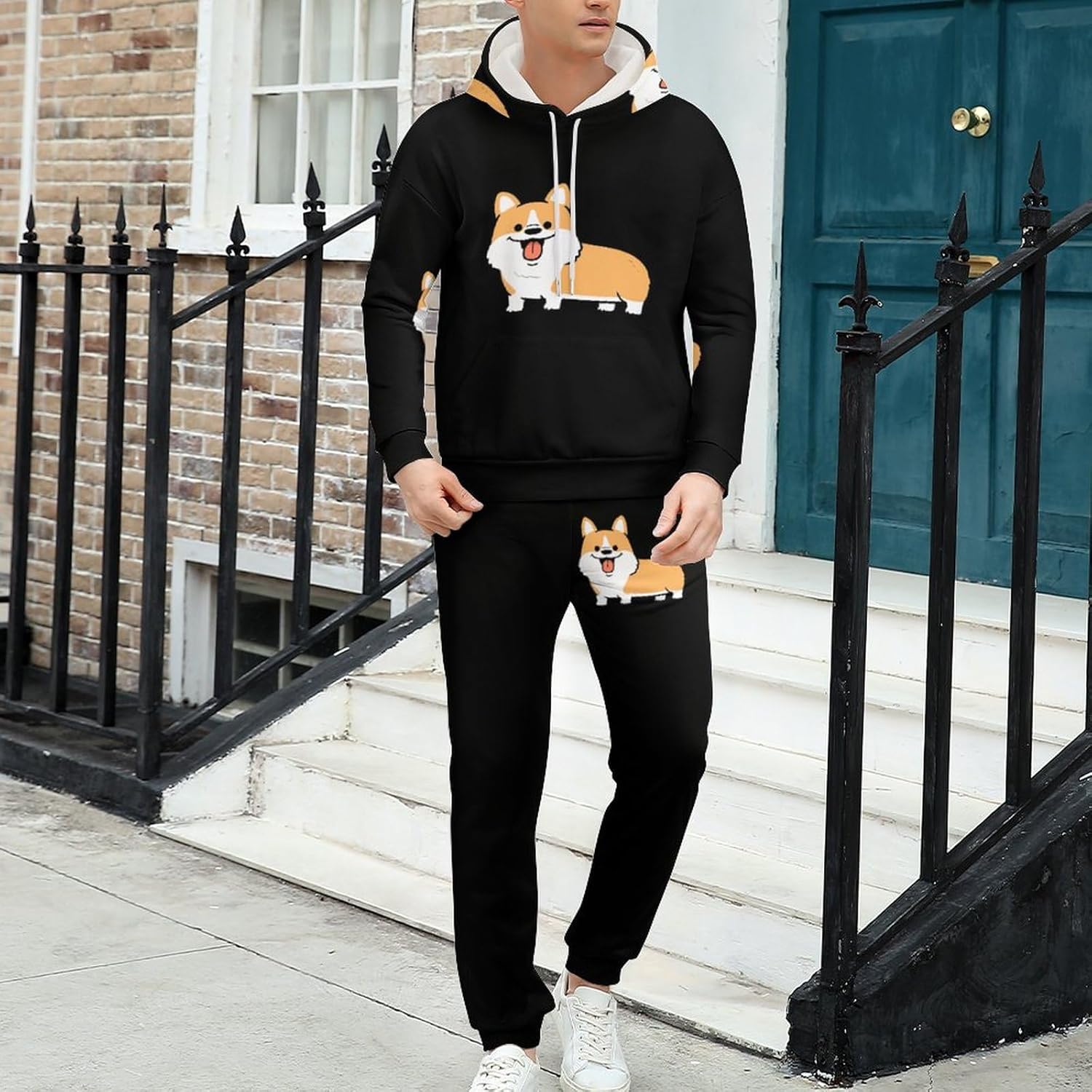 [Senar] かわいい コーギー 犬柄 雪 スウェット パーカー 上下セット メンズ トレーナー 長袖 便利服 2点 上着 パンツ