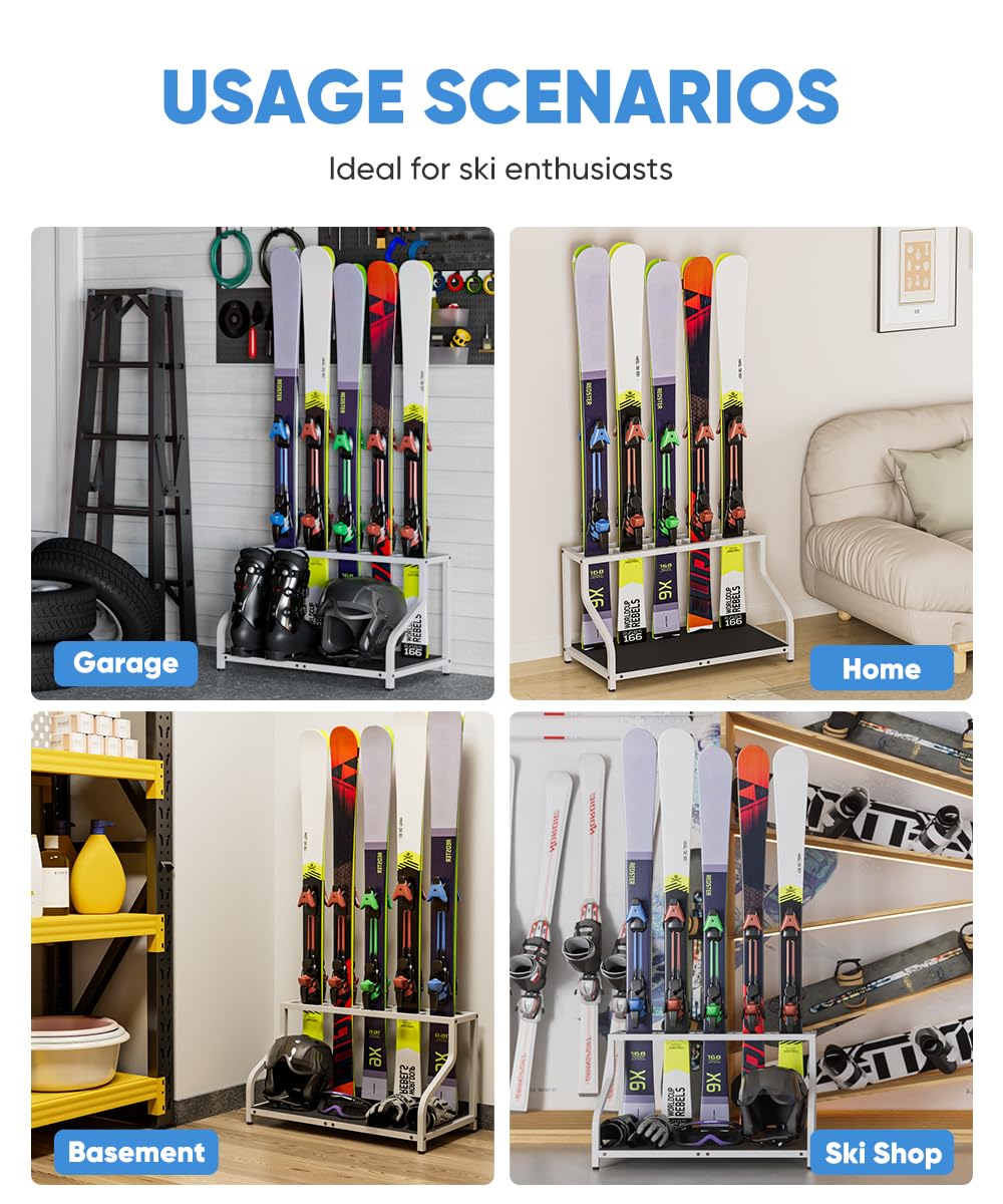 Mondazie Mensola di stoccaggio per sci da garage, supporto per sci indipendente per 5 paia di sci, casco, occhiali, guanti, supporto organizzatore per snowboard interno per la casa